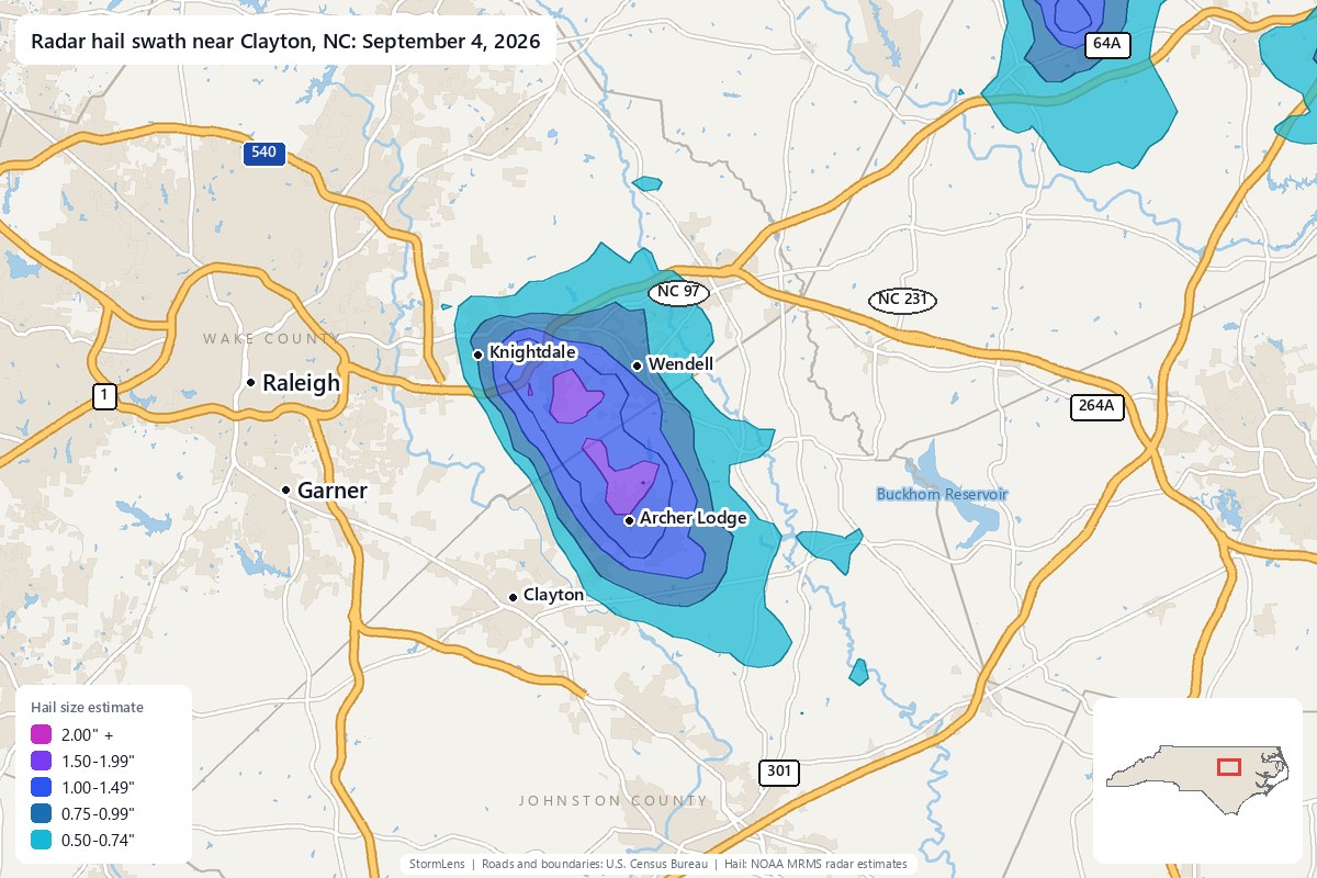 Radar-estimated hail swath near Clayton, NC on September 4, 2026; colors show estimated hail sizes