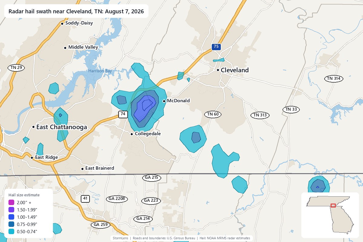 Radar-estimated hail swath near Cleveland, TN on August 7, 2026; colors show estimated hail sizes