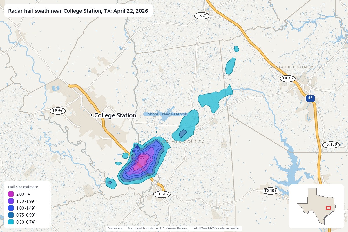 Radar-estimated hail swath near College Station, TX on April 22, 2026; colors show estimated hail sizes