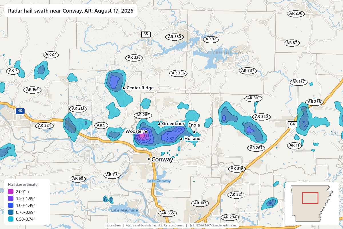 Radar-estimated hail swath near Conway, AR on August 17, 2026; colors show estimated hail sizes