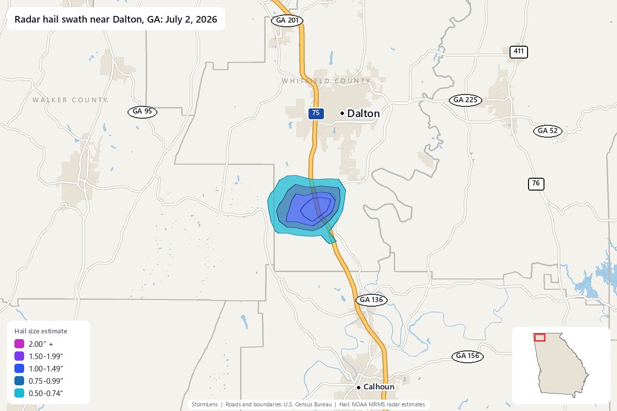 Radar-estimated hail swath near Dalton, GA on July 2, 2026; colors show estimated hail sizes