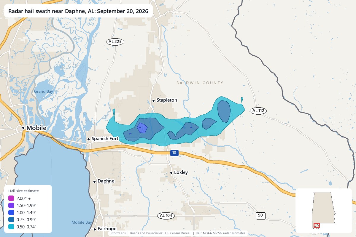 Radar-estimated hail swath near Daphne, AL on September 20, 2026; colors show estimated hail sizes