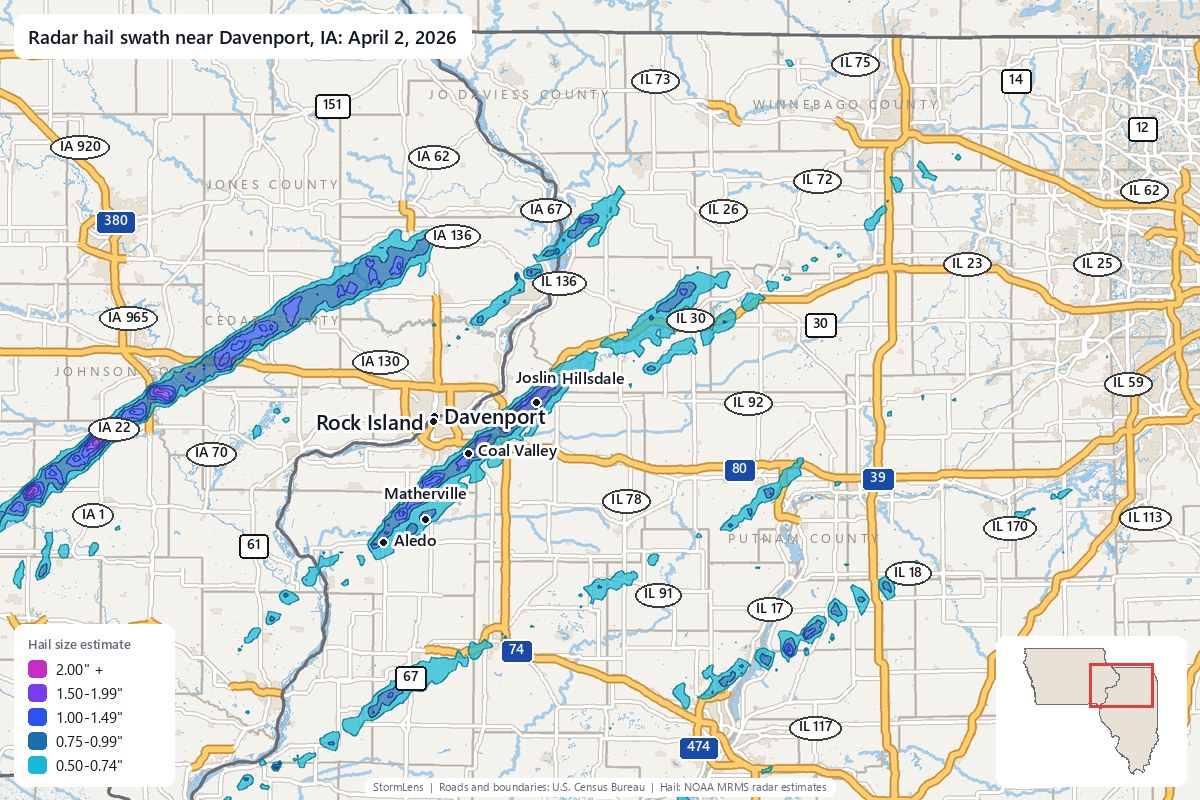Radar-estimated hail swath near Davenport, IA on April 2, 2026; colors show estimated hail sizes