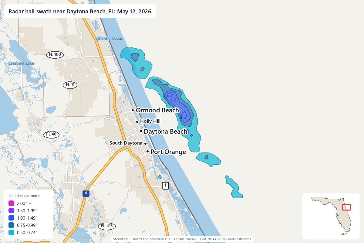 Radar-estimated hail swath near Daytona Beach, FL on May 12, 2026; colors show estimated hail sizes
