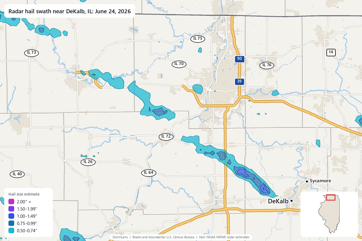 Radar-estimated hail swath near DeKalb, IL on June 24, 2026; colors show estimated hail sizes