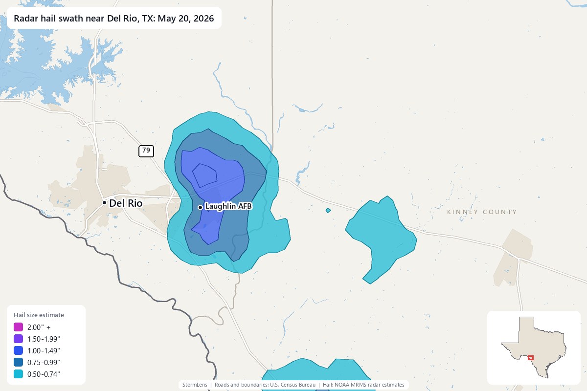 Radar-estimated hail swath near Del Rio, TX on May 20, 2026; colors show estimated hail sizes