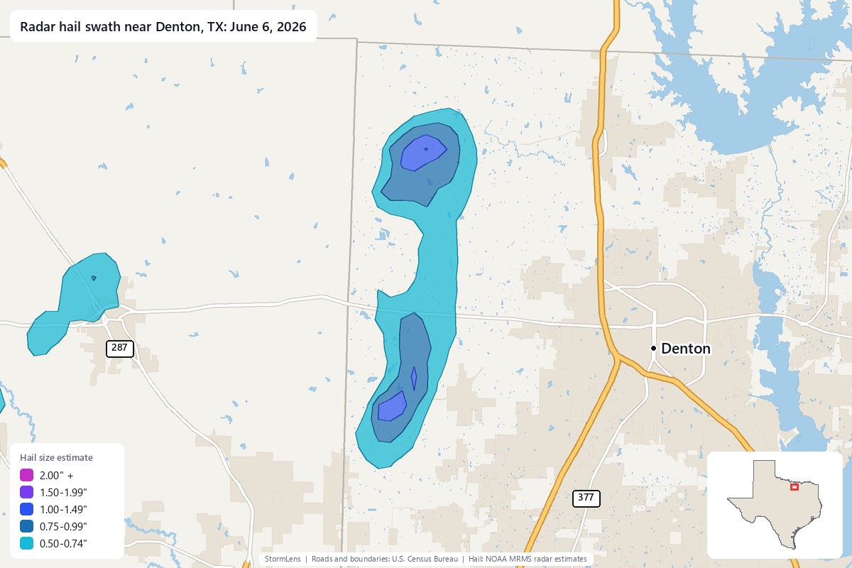 Radar-estimated hail swath near Denton, TX on June 6, 2026; colors show estimated hail sizes