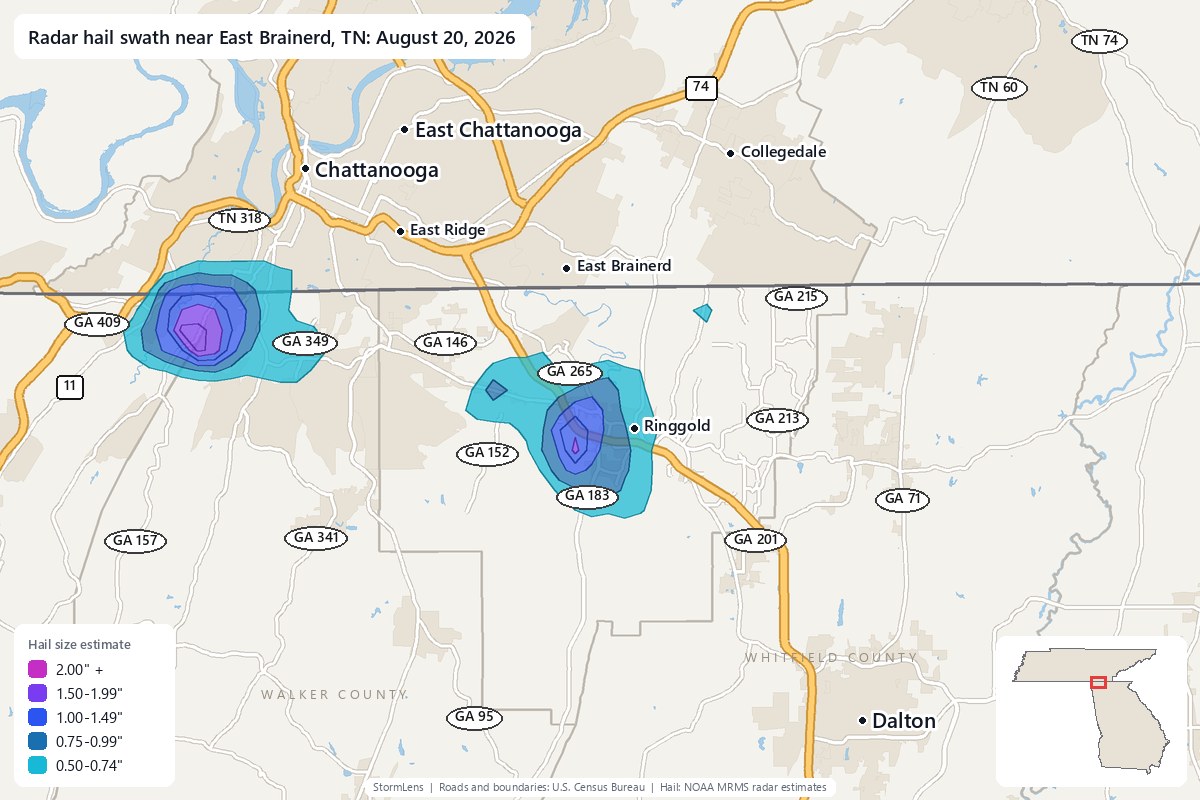 Radar-estimated hail swath near East Brainerd, TN on August 20, 2026; colors show estimated hail sizes