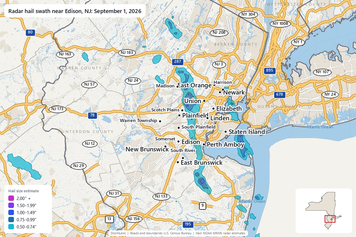 Radar-estimated hail swath near Edison, NJ on September 1, 2026; colors show estimated hail sizes
