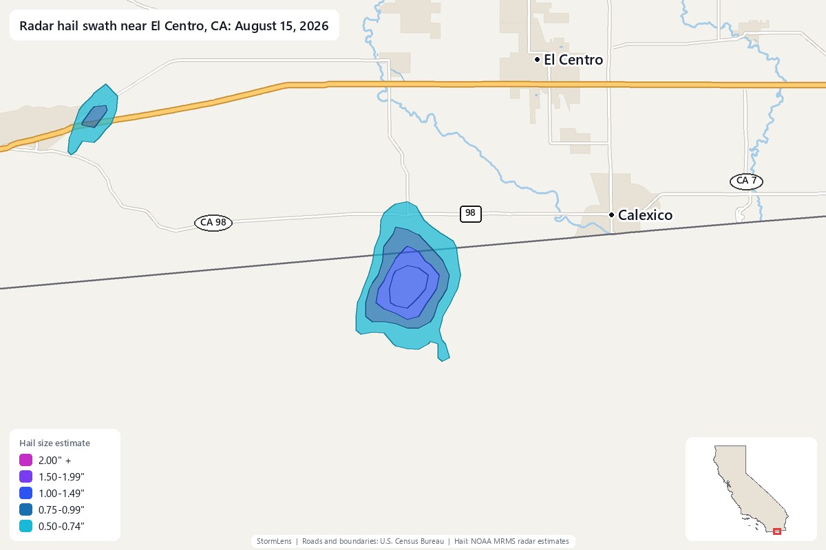 Radar-estimated hail swath near El Centro, CA on August 15, 2026; colors show estimated hail sizes