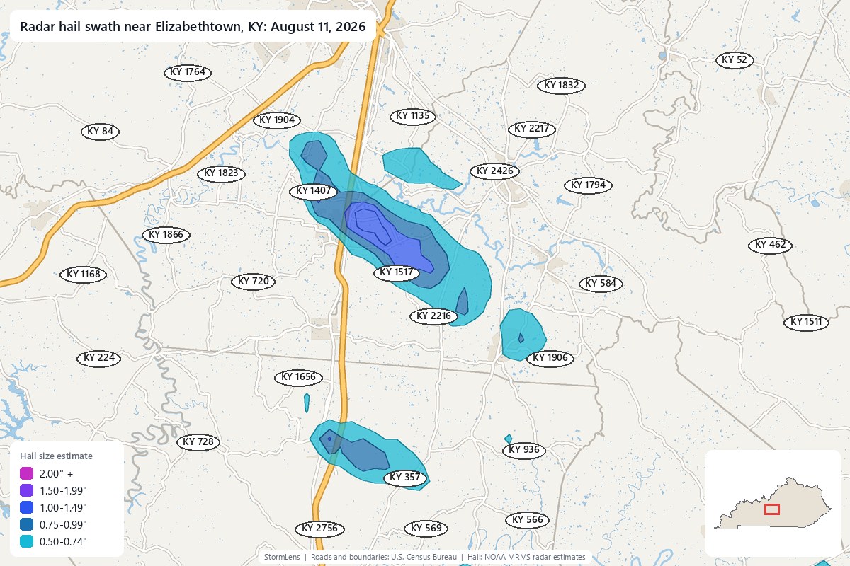 Radar-estimated hail swath near Elizabethtown, KY on August 11, 2026; colors show estimated hail sizes
