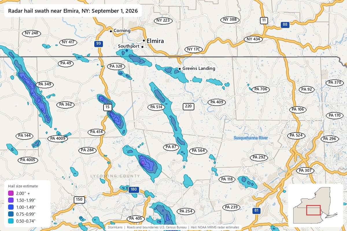Radar-estimated hail swath near Elmira, NY on September 1, 2026; colors show estimated hail sizes
