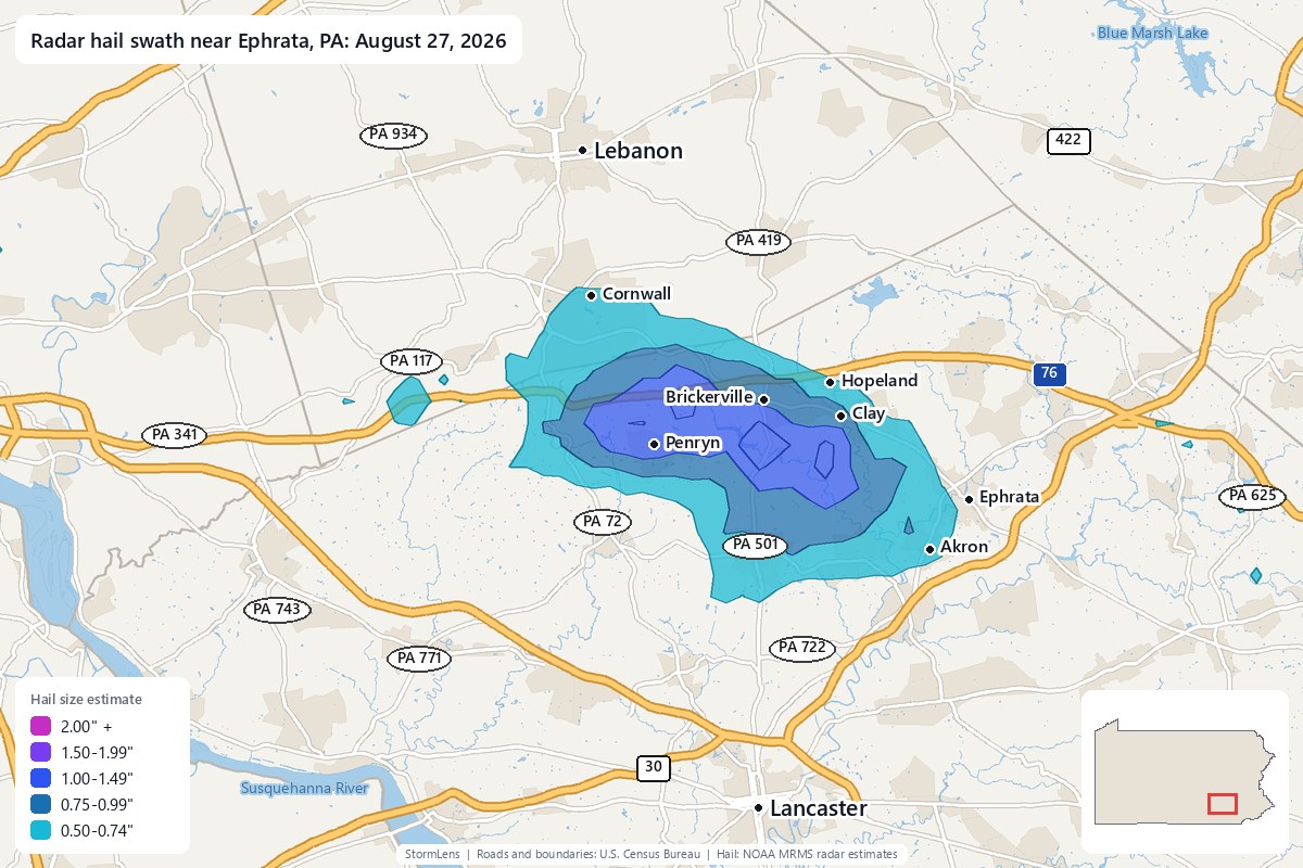 Radar-estimated hail swath near Ephrata, PA on August 27, 2026; colors show estimated hail sizes