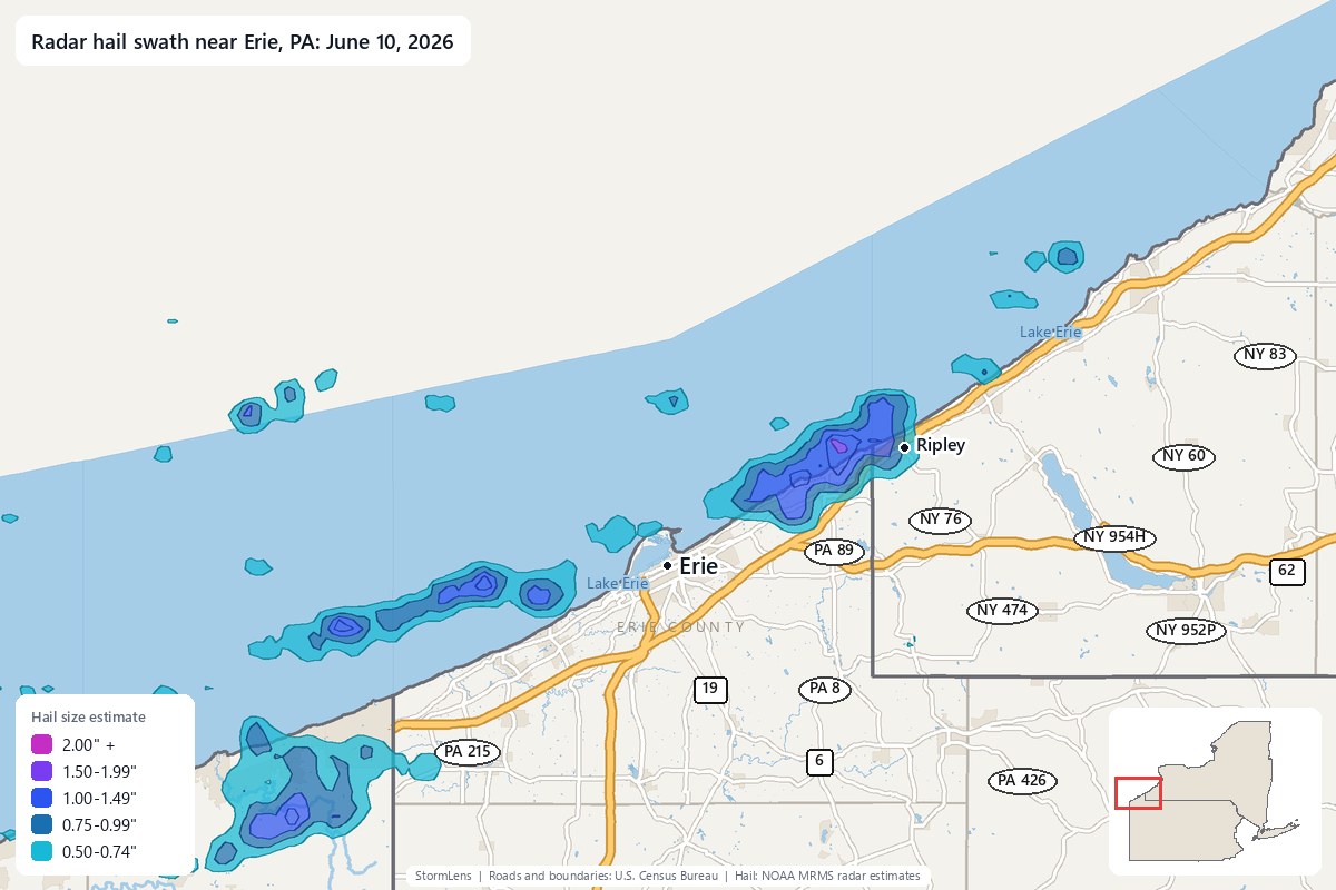 Radar-estimated hail swath near Erie, PA on June 10, 2026; colors show estimated hail sizes