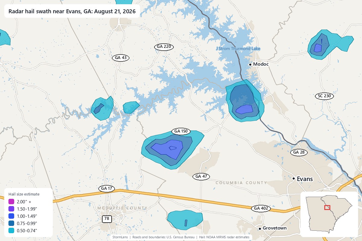 Radar-estimated hail swath near Evans, GA on August 21, 2026; colors show estimated hail sizes
