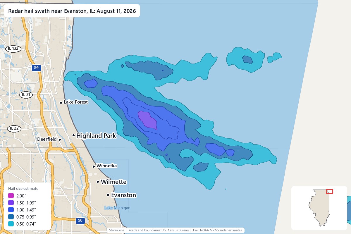 Radar-estimated hail swath near Evanston, IL on August 11, 2026; colors show estimated hail sizes