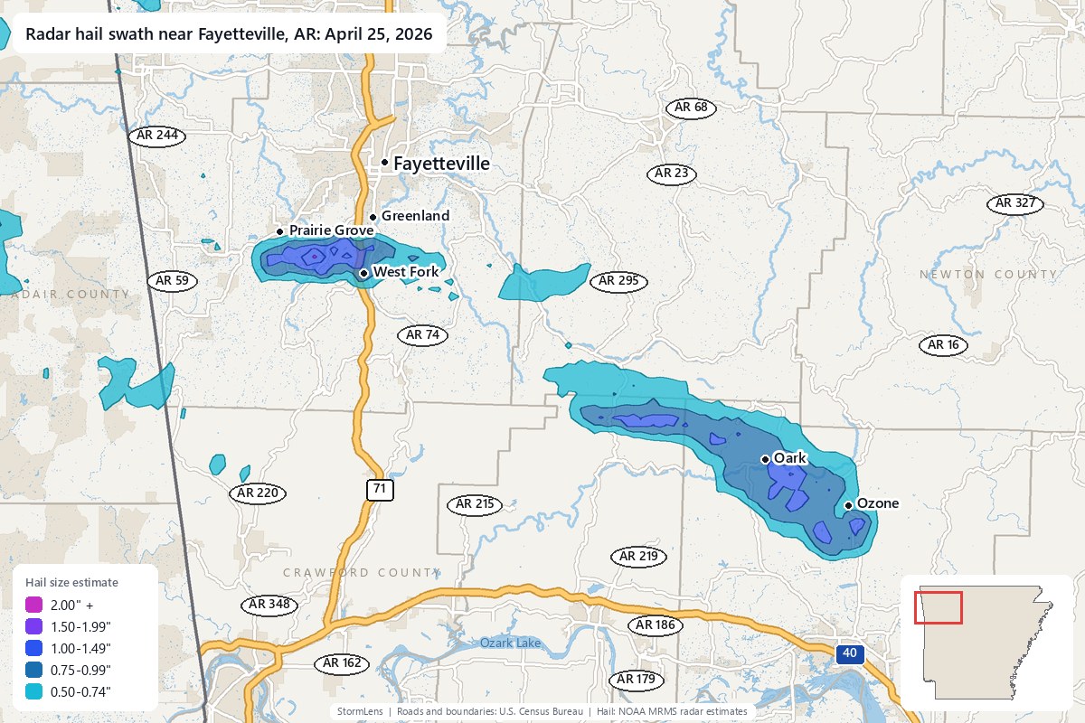 Radar-estimated hail swath near Fayetteville, AR on April 25, 2026; colors show estimated hail sizes