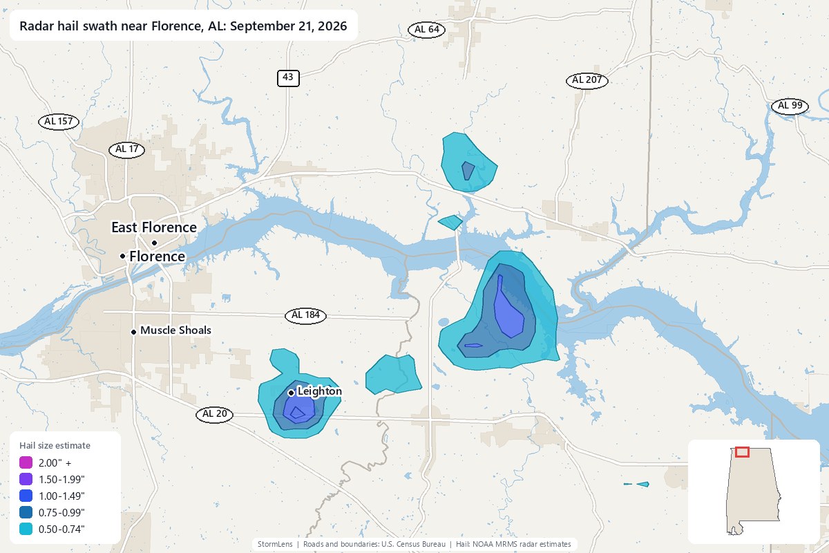 Radar-estimated hail swath near Florence, AL on September 21, 2026; colors show estimated hail sizes