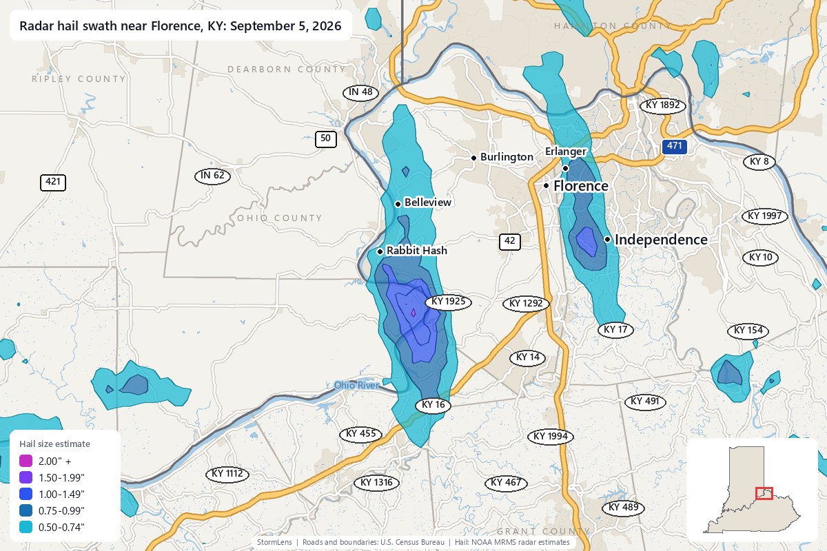 Radar-estimated hail swath near Florence, KY on September 5, 2026; colors show estimated hail sizes