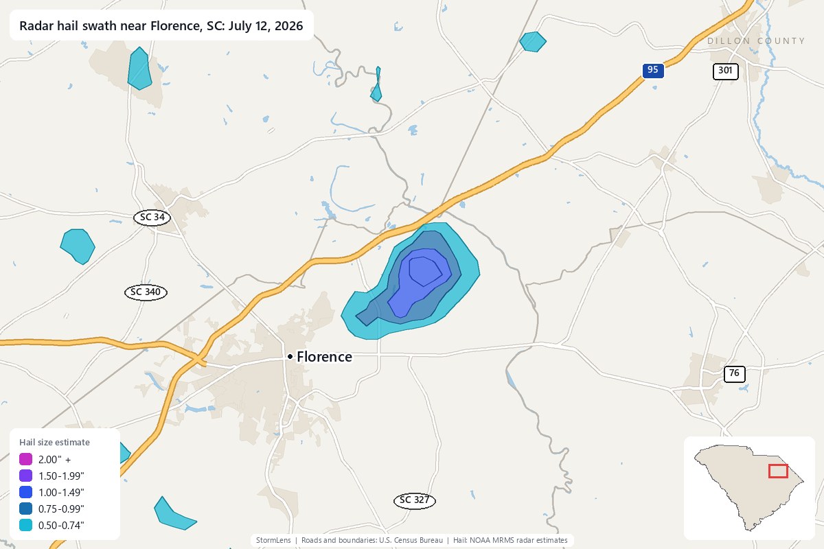 Radar-estimated hail swath near Florence, SC on July 12, 2026; colors show estimated hail sizes