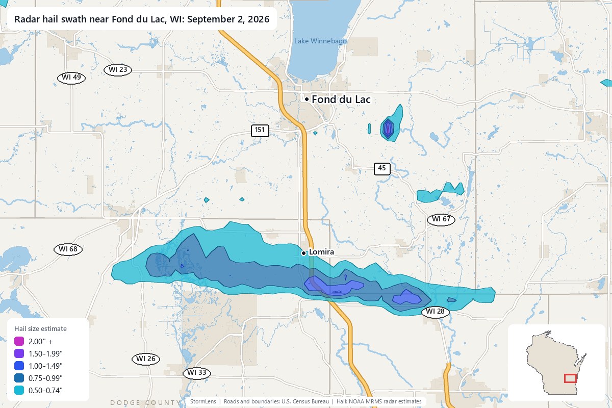 Radar-estimated hail swath near Fond du Lac, WI on September 2, 2026; colors show estimated hail sizes