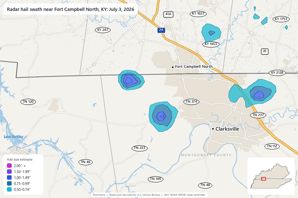 Radar-estimated hail swath near Fort Campbell North, KY on July 3, 2026; colors show estimated hail sizes