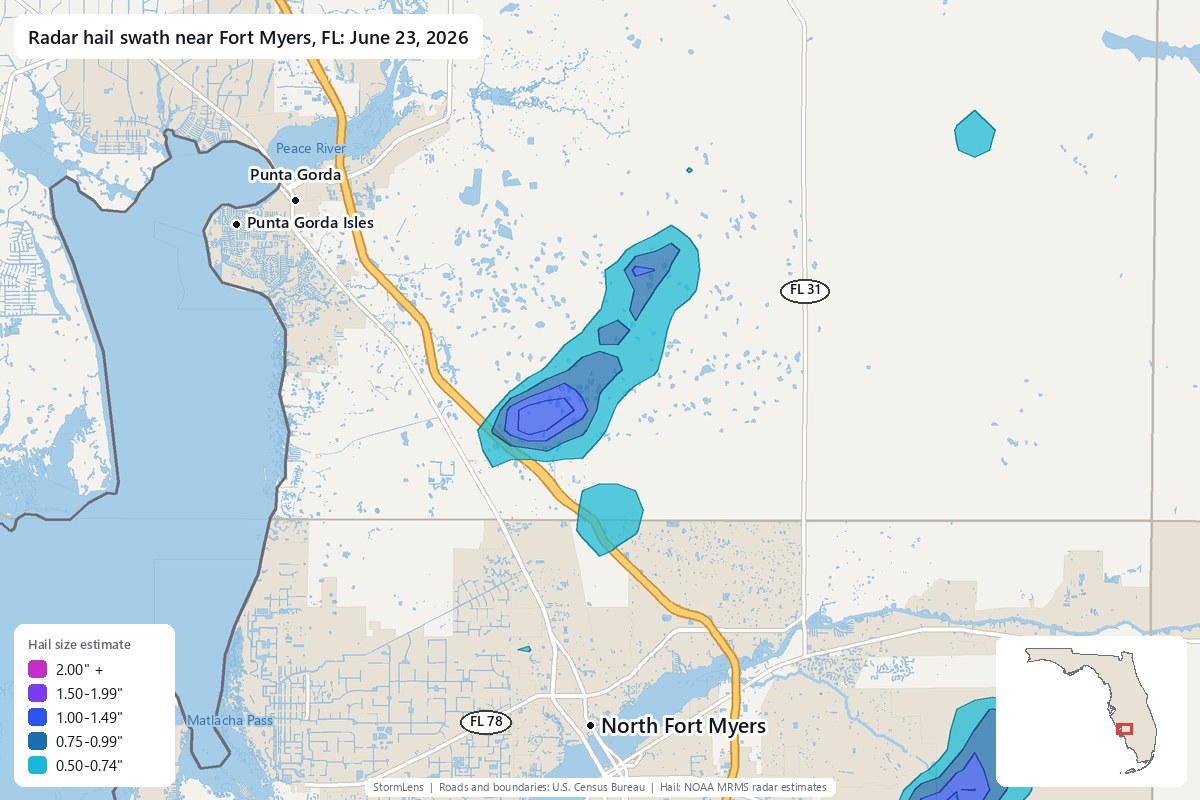 Radar-estimated hail swath near Fort Myers, FL on June 23, 2026; colors show estimated hail sizes