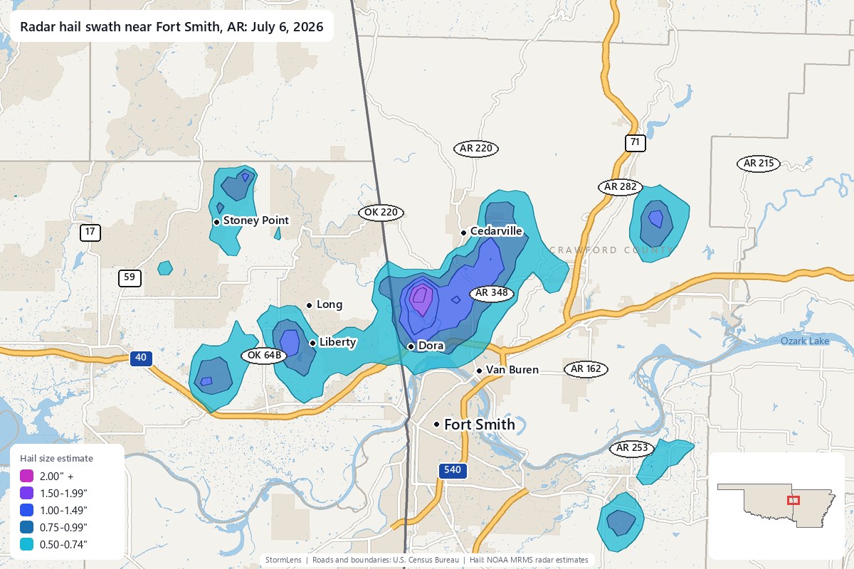 Radar-estimated hail swath near Fort Smith, AR on July 6, 2026; colors show estimated hail sizes