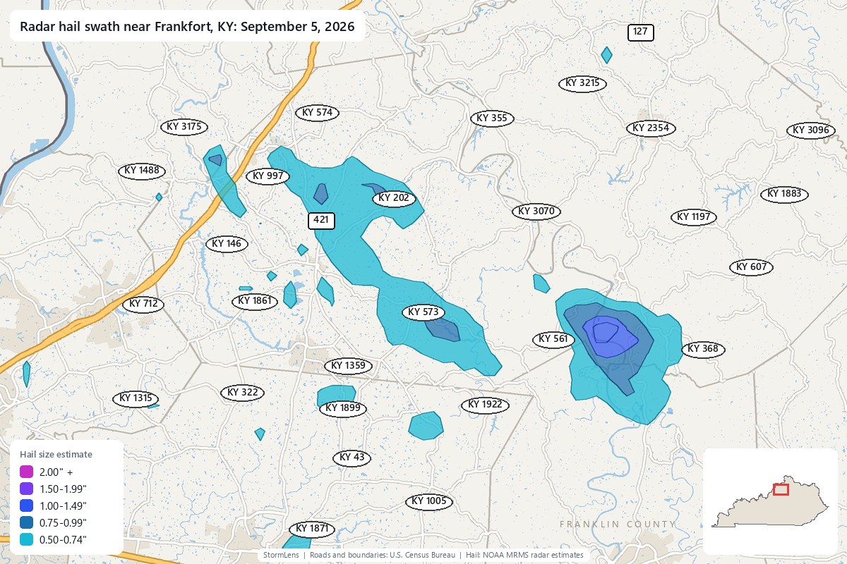 Radar-estimated hail swath near Frankfort, KY on September 5, 2026; colors show estimated hail sizes
