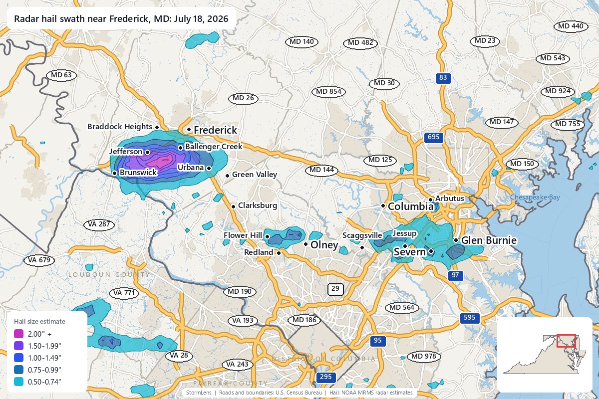 Radar-estimated hail swath near Frederick, MD on July 18, 2026; colors show estimated hail sizes