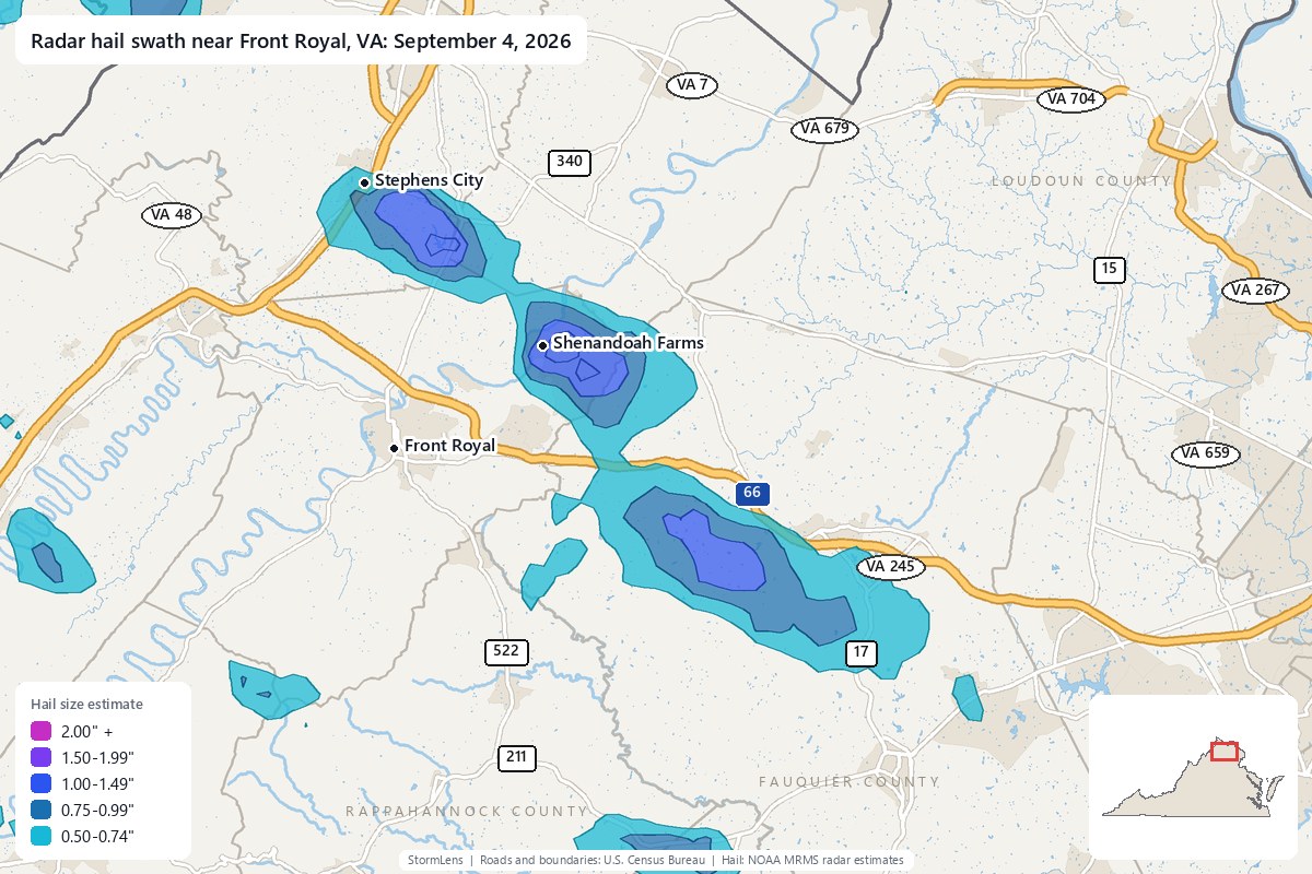 Radar-estimated hail swath near Front Royal, VA on September 4, 2026; colors show estimated hail sizes