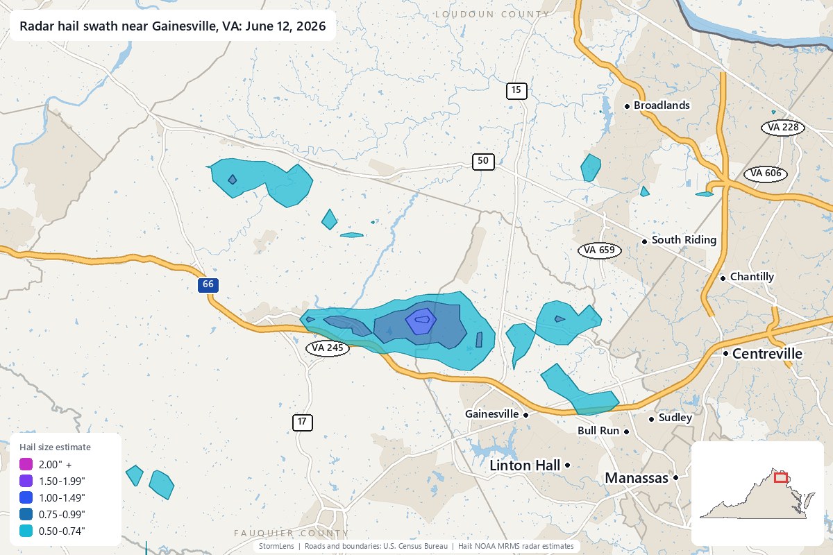 Radar-estimated hail swath near Gainesville, VA on June 12, 2026; colors show estimated hail sizes