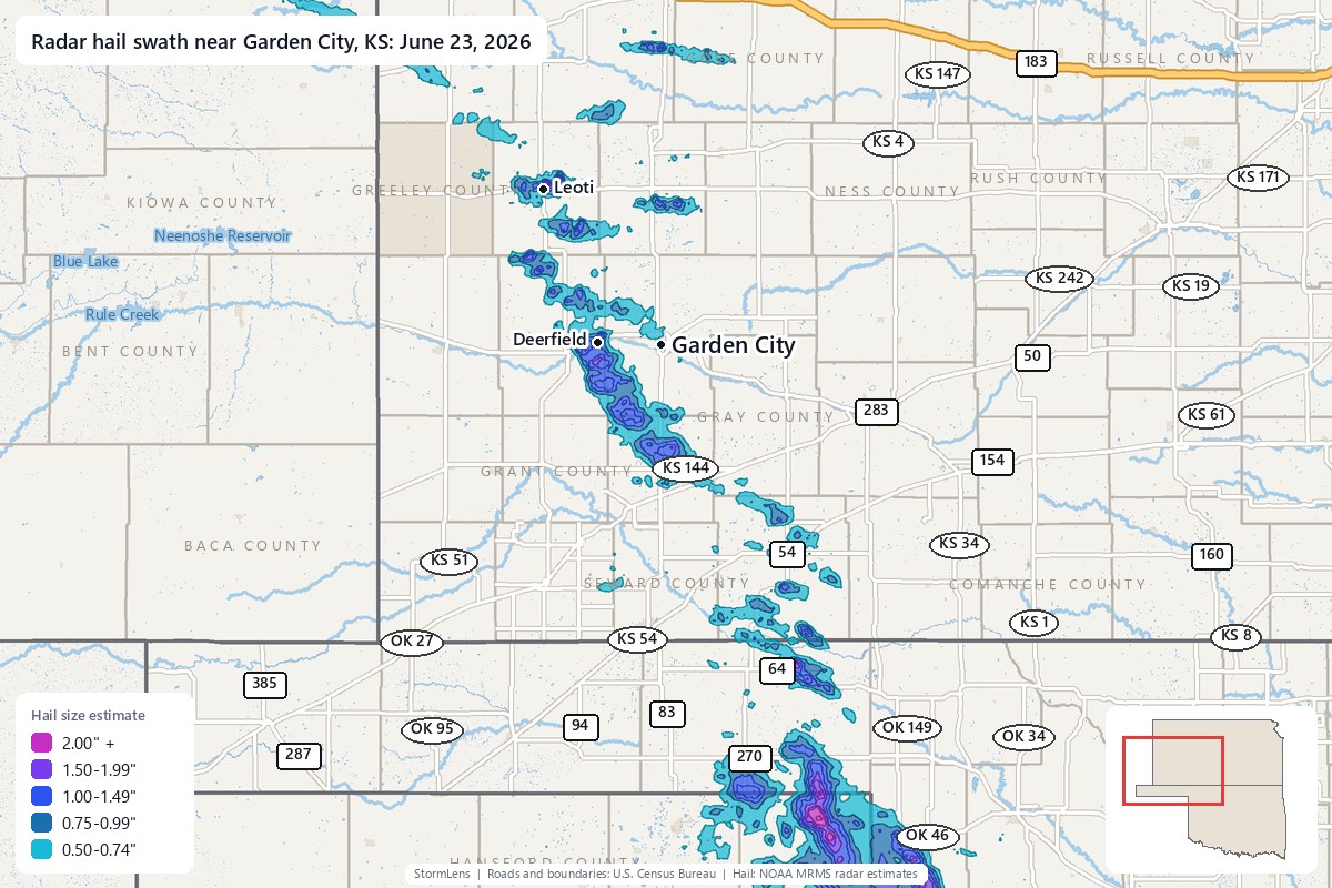 Radar-estimated hail swath near Garden City, KS on June 23, 2026; colors show estimated hail sizes