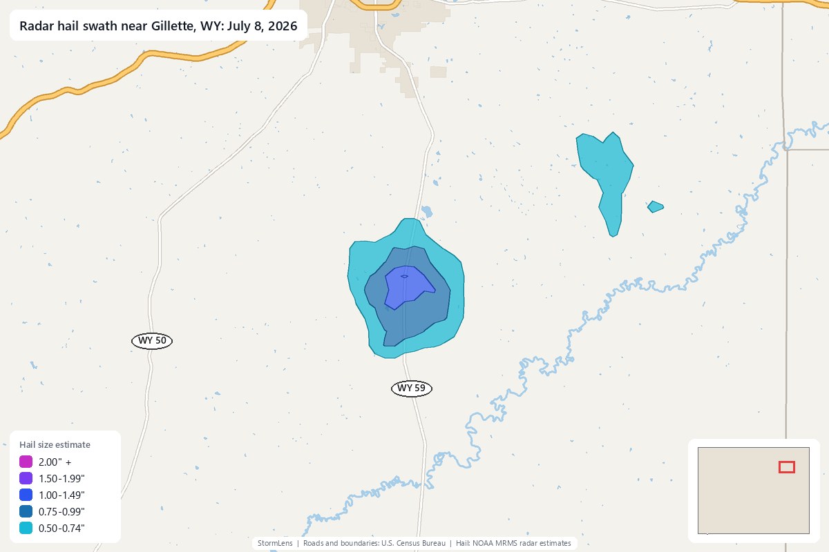 Radar-estimated hail swath near Gillette, WY on July 8, 2026; colors show estimated hail sizes