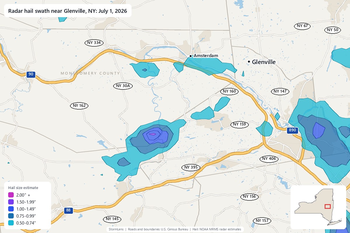 Radar-estimated hail swath near Glenville, NY on July 1, 2026; colors show estimated hail sizes