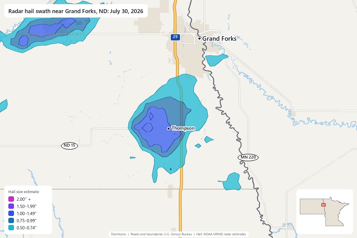 Radar-estimated hail swath near Grand Forks, ND on July 30, 2026; colors show estimated hail sizes