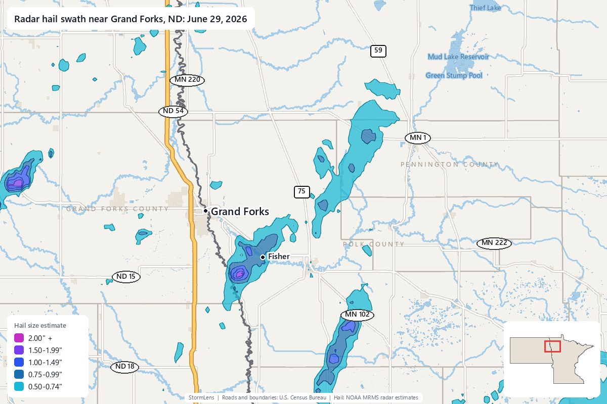 Radar-estimated hail swath near Grand Forks, ND on June 29, 2026; colors show estimated hail sizes