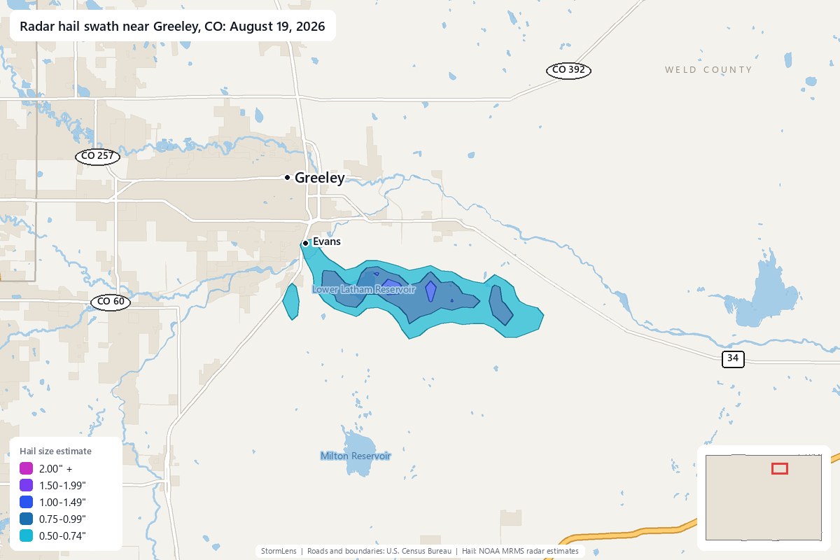 Radar-estimated hail swath near Greeley, CO on August 19, 2026; colors show estimated hail sizes