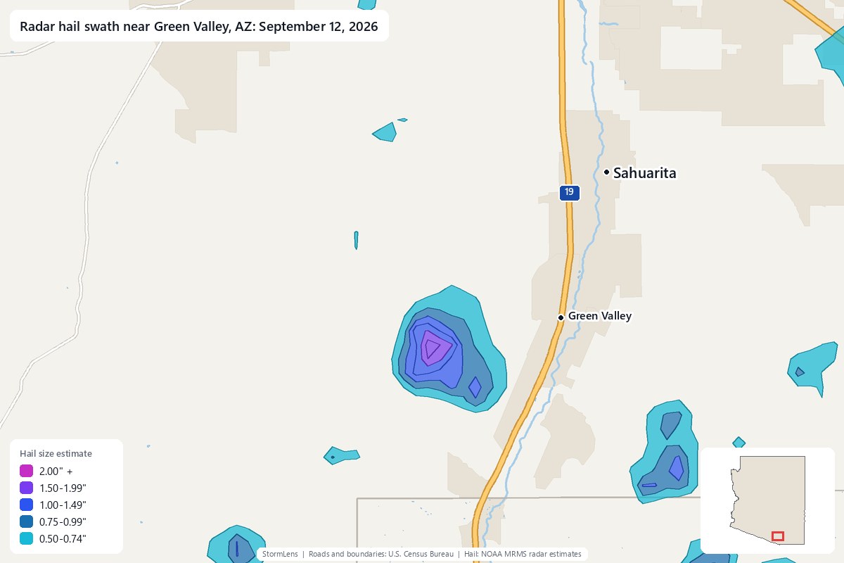 Radar-estimated hail swath near Green Valley, AZ on September 12, 2026; colors show estimated hail sizes