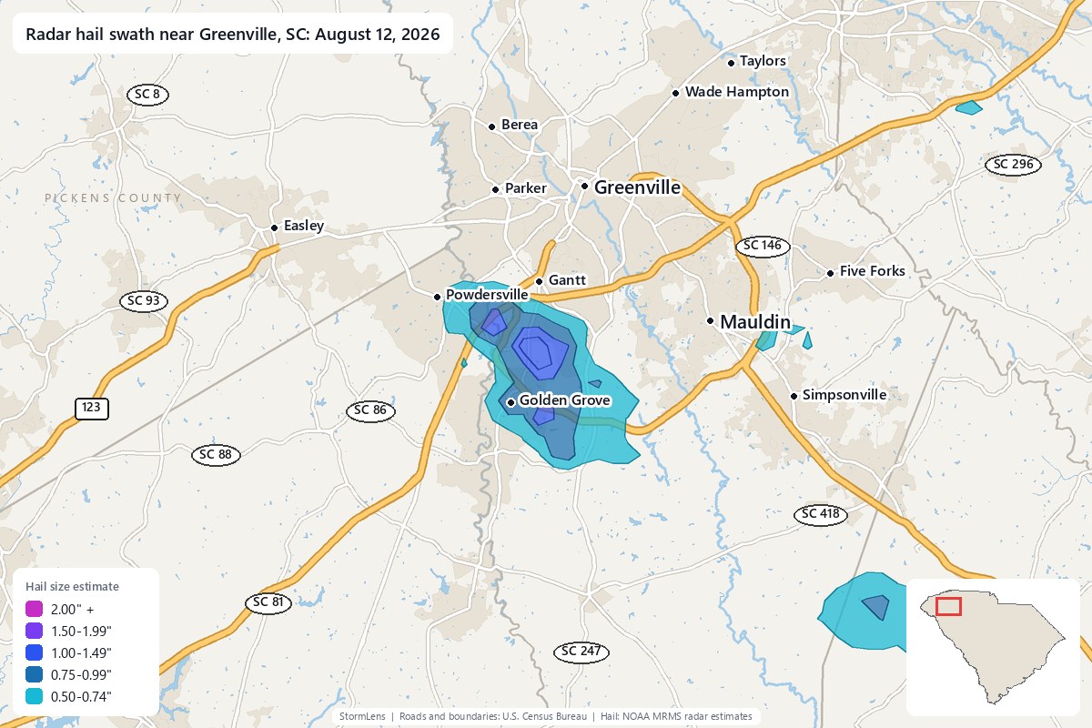 Radar-estimated hail swath near Greenville, SC on August 12, 2026; colors show estimated hail sizes