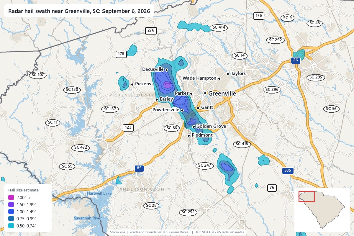 Radar-estimated hail swath near Greenville, SC on September 6, 2026; colors show estimated hail sizes