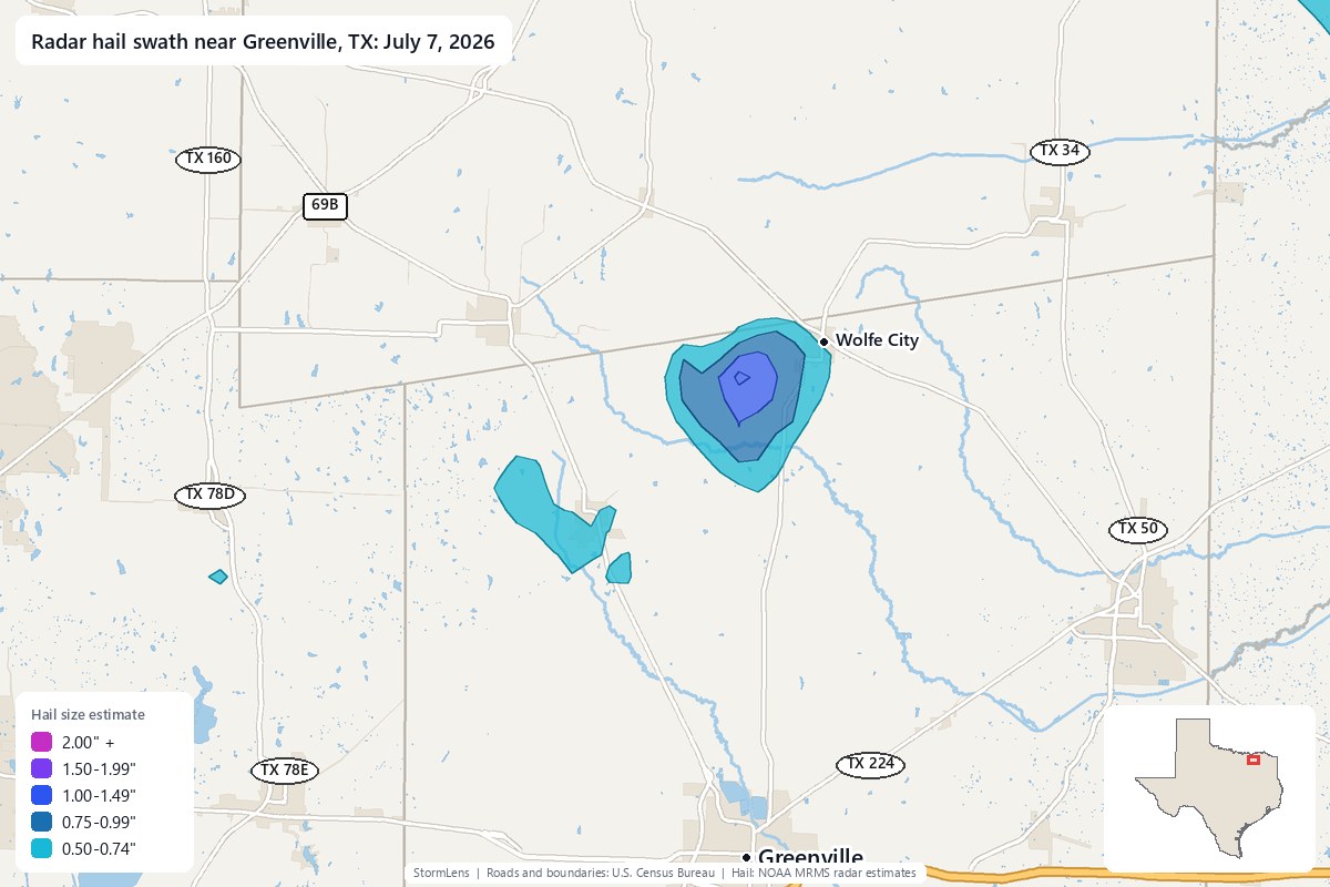 Radar-estimated hail swath near Greenville, TX on July 7, 2026; colors show estimated hail sizes