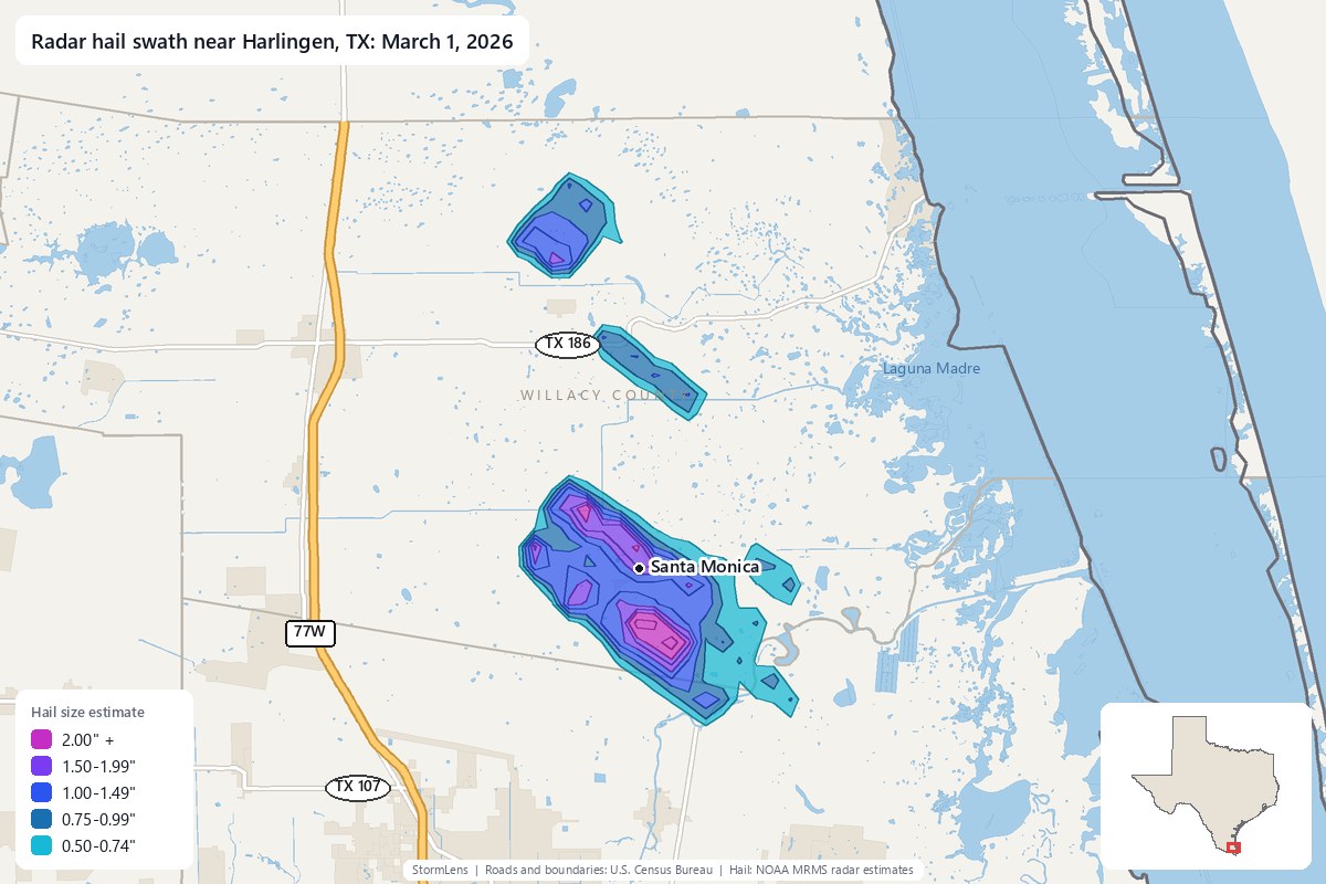 Radar-estimated hail swath near Harlingen, TX on March 1, 2026; colors show estimated hail sizes