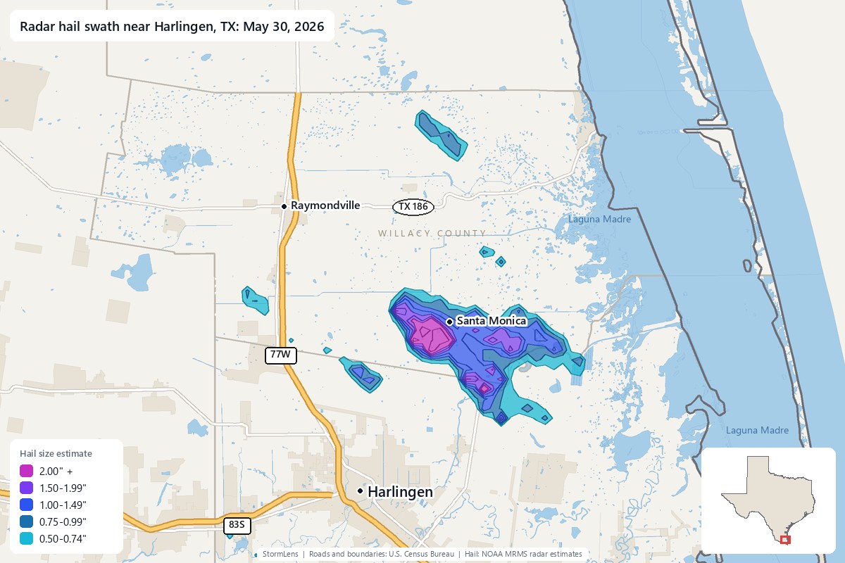Radar-estimated hail swath near Harlingen, TX on May 30, 2026; colors show estimated hail sizes