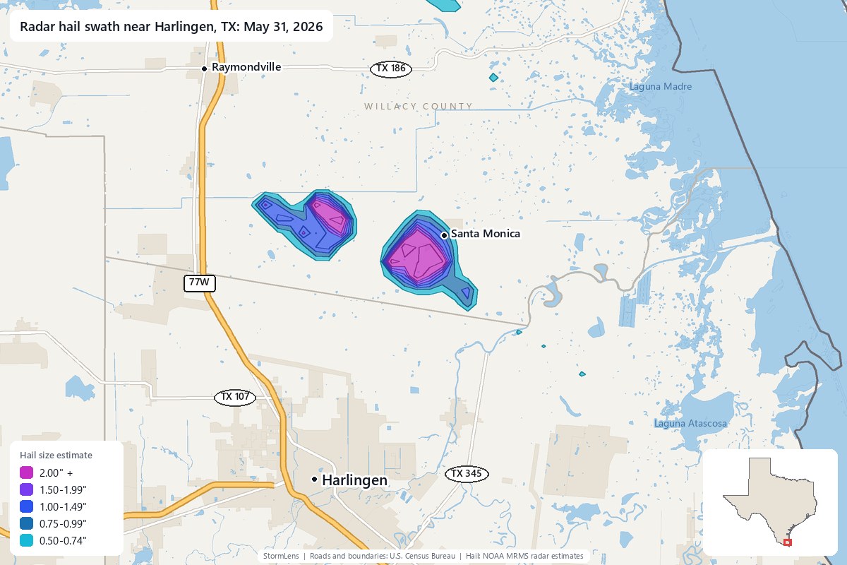 Radar-estimated hail swath near Harlingen, TX on May 31, 2026; colors show estimated hail sizes