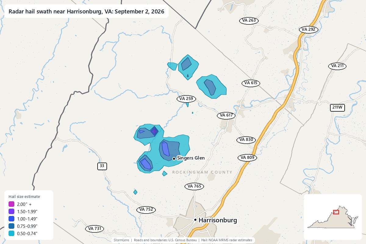 Radar-estimated hail swath near Harrisonburg, VA on September 2, 2026; colors show estimated hail sizes