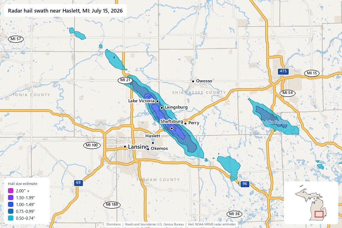 Radar-estimated hail swath near Haslett, MI on July 15, 2026; colors show estimated hail sizes