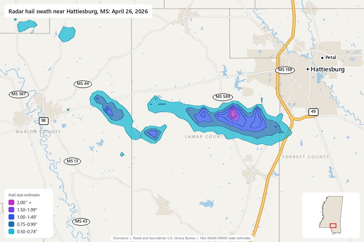 Radar-estimated hail swath near Hattiesburg, MS on April 26, 2026; colors show estimated hail sizes