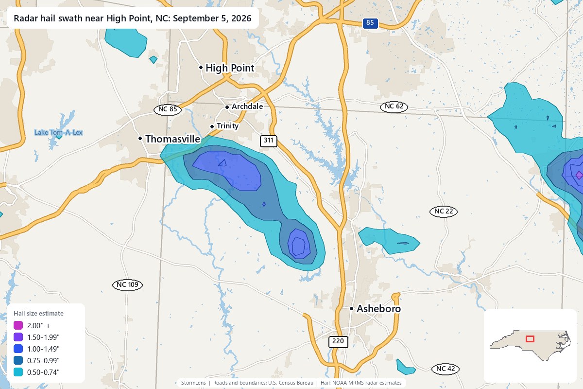 Radar-estimated hail swath near High Point, NC on September 5, 2026; colors show estimated hail sizes