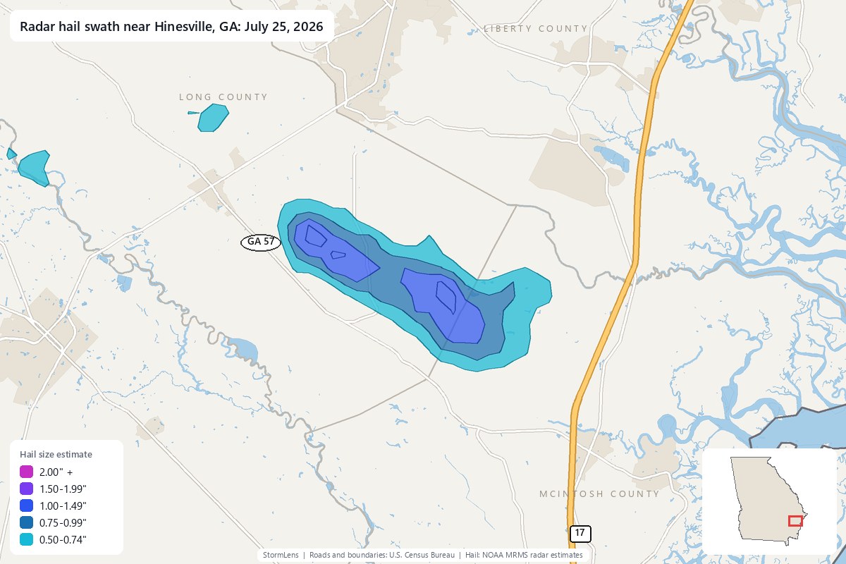 Radar-estimated hail swath near Hinesville, GA on July 25, 2026; colors show estimated hail sizes